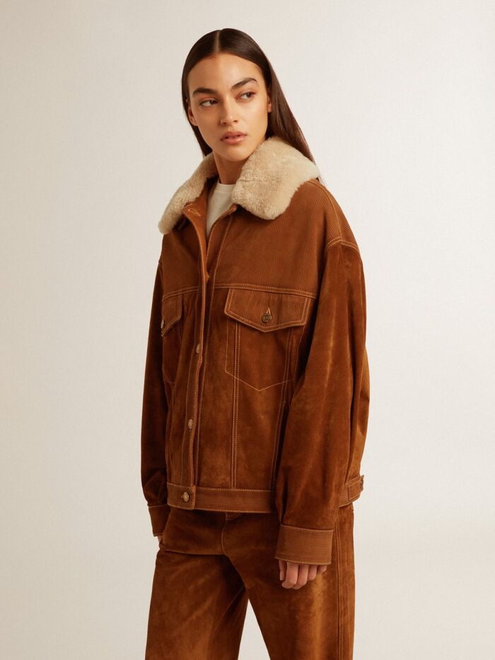 GOLDEN GOOSE Woman Jacket in Tobacco Suede with Shearling Collar - immagine 2